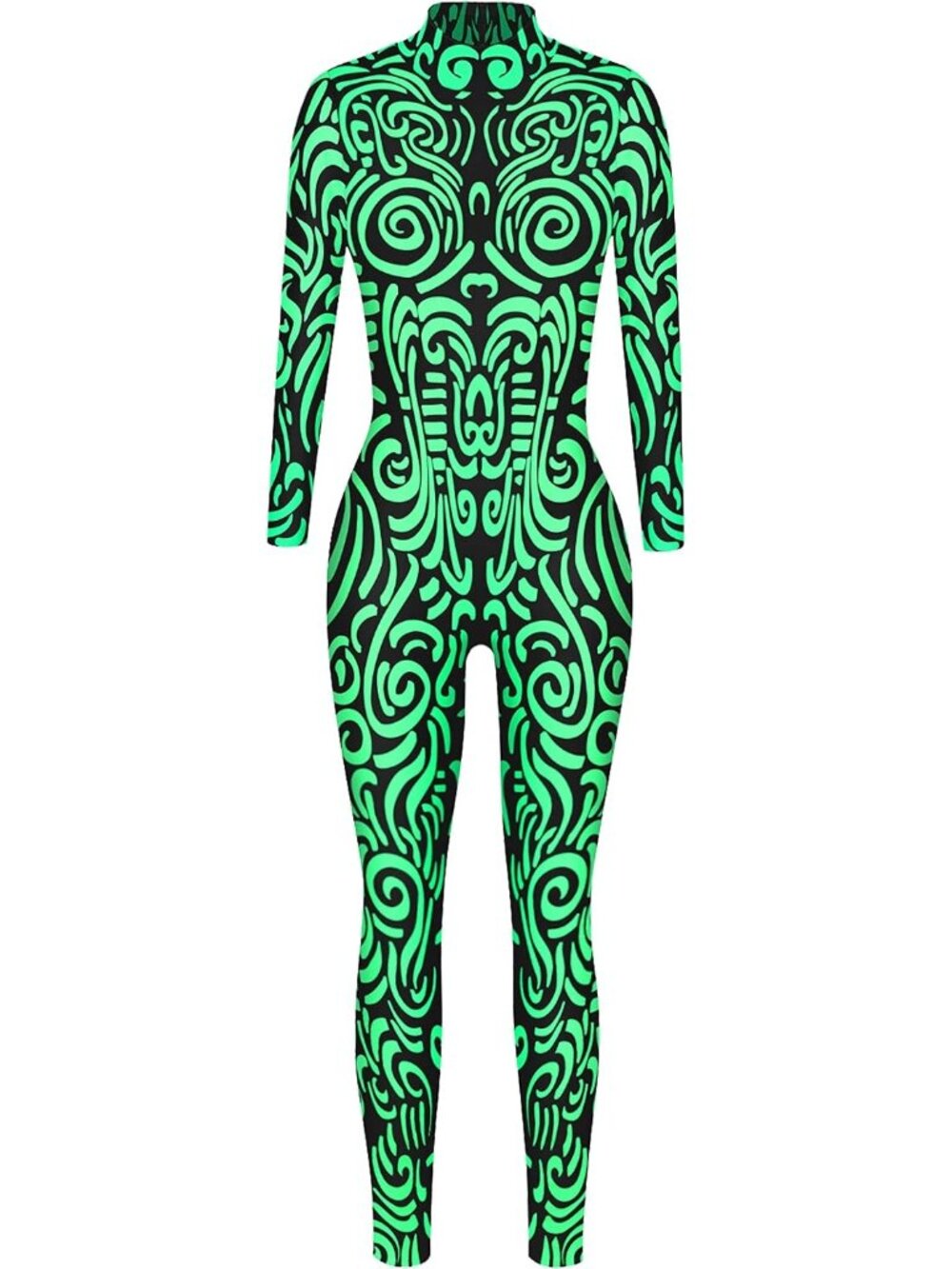 Women Green Tribal Swirl Graphic Printed Long Sleeve Halloween Catsuit Bodycon